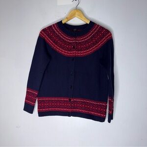 Talbots Fair Isle Lambswool Button Front Navy Red Cardigan Sweater Large Petite